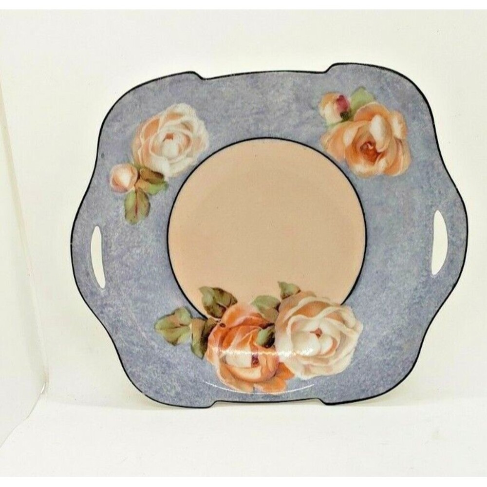 RS Germany Blue Bowl with Holes in handles and White and Peach flowers